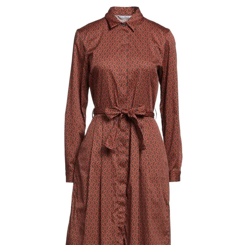 CALIBAN Brown Floral Shirt Dress – Size XL / IT 46 / US 10 – Belted Midi - Picture 3 of 5